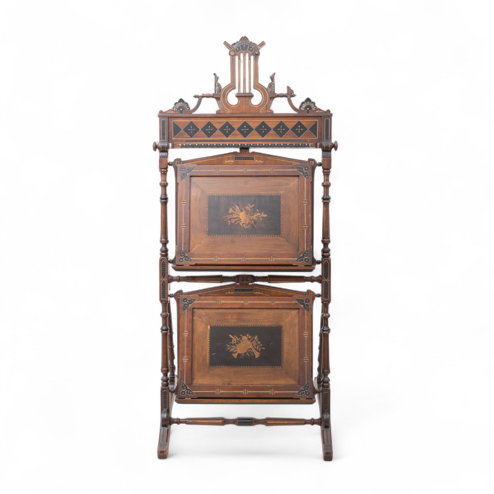 Eastlake Era Carved Walnut with Marquetry Sheet Music Stand, Ca. 1880, H 65" W 29" Depth 24" (1 of 9)