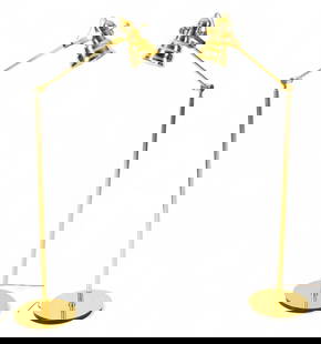 Nessen Lighting (American, Est. 1927) Polished Brass Adjustable Arm Floor Lamps, H 40" L 24" 1 PAIR: Nessen Lighting (American, Est. 1927) Polished Brass Adjustable Arm Floor Lamps, H 40" L 24" 1 PAIR Pair of Nessen floor lamps. Polished brass spotlight shades with white enameled interiors. The angle
