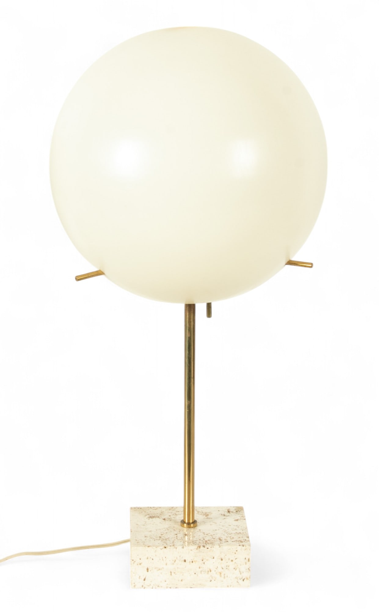 Paul Mayen for Habitat Lollipop Lamp, Ca. 1970s, H 24" Dia. 11": Paul Mayen for Habitat Lollipop Lamp, Ca. 1970s, H 24" Dia. 11" Polyurethane globe shade with a brass finished shaft and travertine base. Provenance: From the Estate of Prominent Collectors, Ir