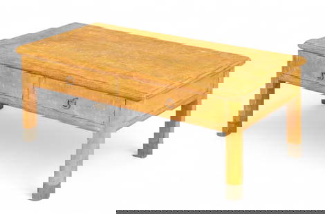 Chinese Orange Lacquered Coffee Table, Early 20th Cent., H 17" W 22" L 44": Chinese Orange Lacquered Coffee Table, Early 20th Cent., H 17" W 22" L 44" Having two drawers with brass handles, straight legs and brass bands on feet. Provenance: The Beardslee Family Estate, Gross