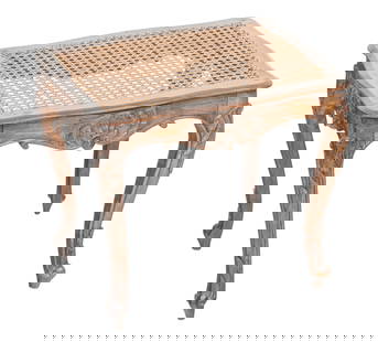 Country French Carved Walnut Bench, 19th C., H 15" W 18" Depth 14": Country French Carved Walnut Bench, 19th C., H 15" W 18" Depth 14" Relieve hand carved frame with scallop and gadroon center crests on each frieze. Supported by cabriole legs with leafy carved knees a
