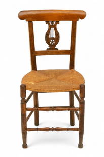 French Walnut Hand Carved Harp Back Side Chair 1920, H 33" W 16": French Walnut Hand Carved Harp Back Side Chair 1920, H 33" W 16" Hand woven tight rope seat. Stretchers. Provenance:  Property from a Grosse Pointe Farms, MI private collector. Dimensions: 1 PC x H 33