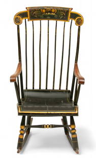 American Boston Spindle Back And Plank Seat Rocker 1850: American Boston Spindle Back And Plank Seat Rocker 1850 Curved plank seat, bent back spindles. Painted black. Provenance:  Property from a Grosse Pointe Farms, MI private collector. Dimensions: 1 PC