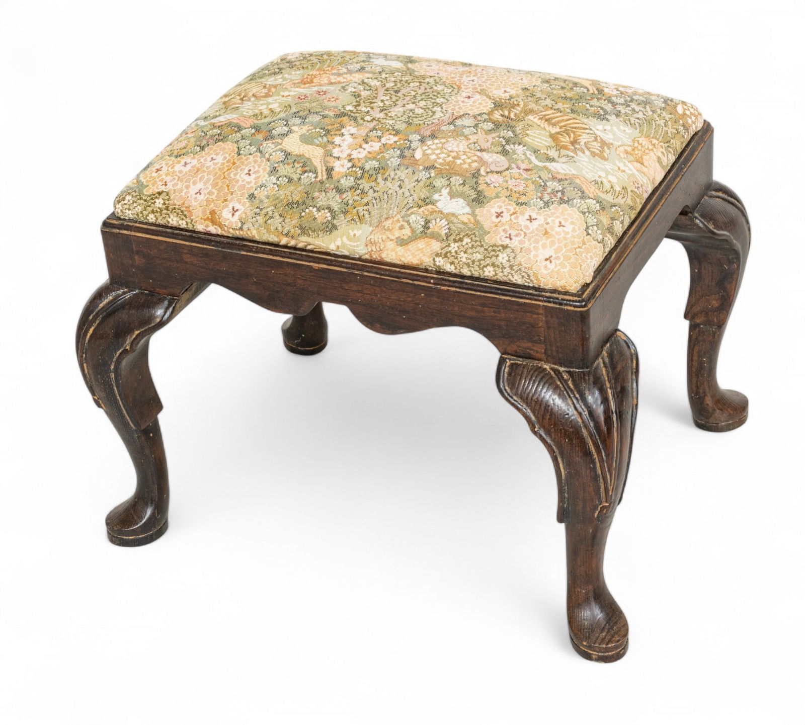 English Queen Anne Style Oak Footstool, 19th C., H 16" W 17" L 19" (1 of 4)