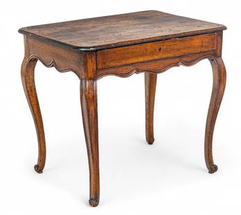 French Country French Carved Oak Writing Table 19th C., H 27" W 32" Depth 22": French Country French Carved Oak Writing Table 19th C., H 27" W 32" Depth 22" On four cabriole legs. Single full length drawer.&nbsp; Provenance:  The Beardslee Family Estate, Grosse Ponte Farms, MI D