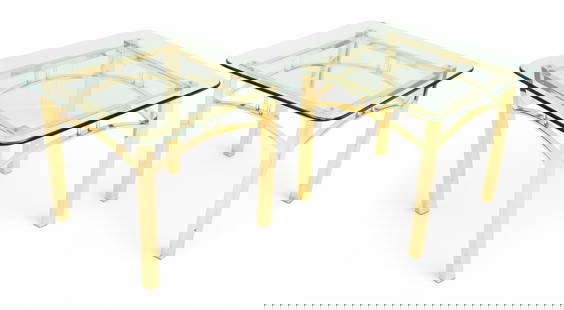 Mid-century Modern Brass Coffee Table And Side Table, Ca. 1960, 3 PCS: Mid-century Modern Brass Coffee Table And Side Table, Ca. 1960, 3 PCS Brass frames with squared legs and curved friezes. Glass tops with bullnose edges. All matching. Coffee table: 50" X 20" X 15". En
