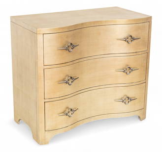 Hooker Furniture Company (American, Est. 1924) Hollywood Regency Three Drawer Chest 'Sanctuary: Hooker Furniture Company (American, Est. 1924) Hollywood Regency Three Drawer Chest 'Sanctuary Collection', H 34" W 38" Depth 20" Serpentine front with three full drawers and metal pulls. Provenance: