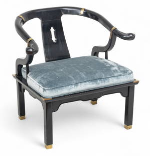 Chinese Black Lacquer Horseshoe Chair Late 20th C.., H 29" W 30.5" Depth 26": Chinese Black Lacquer Horseshoe Chair Late 20th C.., H 29" W 30.5" Depth 26" Black lacquered wood frame with brass accents. Blue velvet upholstered cushion.&nbsp; Provenance:  Collection of George and