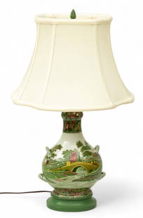 English Procelain Table Lamp 20th C., H 11": English Procelain Table Lamp 20th C., H 11" Height with base and finial 22". English transfer scene of fishing under a countryside bridge. four handles. Provenance: The Beardslee Family Estate,