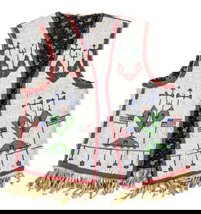 Native American Sioux Beaded Hide Boys Vest H 19" W 18": Native American Sioux Beaded Hide Boys Vest H 19" W 18" Sioux beaded hide boys vest (front and back) having an American flags and geometric designs on white bead ground with red edging and hide fringe