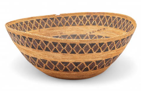 Pima Woven Basket Early 20th C., H 6.5" Dia. 15": Pima Woven Basket Early 20th C., H 6.5" Dia. 15" Woven in a repetitious geometric design.&nbsp; Provenance:  Purchased at a Wheelwright Museum charity event c. 1980 whilst the consignor had a home in