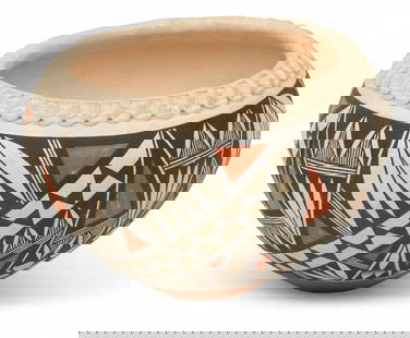 Lucy Lewis (Native American/Acoma, 1890-1992) Polychrome Pottery Vase H 7" Dia. 10.5": Lucy Lewis (Native American/Acoma, 1890-1992) Polychrome Pottery Vase H 7" Dia. 10.5" Signed on the underside. Textured rim. Decorated with leaf and geometric patterns in white, black and orange.&nbsp