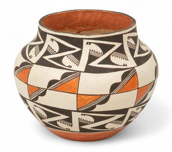 Lucy Lewis (Native American/Acoma, 1890-1992) Polychrome Pottery Olla H 7.5" Dia. 9": Lucy Lewis (Native American/Acoma, 1890-1992) Polychrome Pottery Olla H 7.5" Dia. 9" Signed on the underside. Decorated with geometric patterns in white, black and orange.&nbsp;Note: one photo shows t