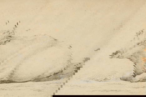 French Pencil Drawing on Laid Paper H 8.75" W 13" Frame Size: H 19" W 23": French Pencil Drawing on Laid Paper H 8.75" W 13" Frame Size: H 19" W 23" Unsigned. Well drawn image of a cow resting.&nbsp; Provenance:  The Beardslee Family Estate, Grosse Ponte Farms, MI Literature