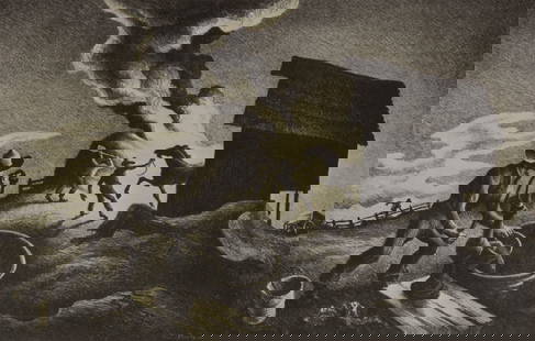 Thomas Hart Benton (American, 1889-1975) Offset Lithograph on Paper 'Fire in the Barnyard', H 8.5" W: Thomas Hart Benton (American, 1889-1975) Offset Lithograph on Paper 'Fire in the Barnyard', H 8.5" W 13.25" Bearing printed signatures. Matted and framed under glass, 16.75", W 20.5". Provenance: Pro