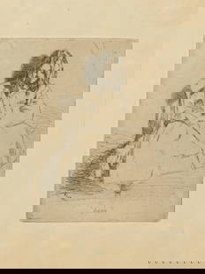 James Abbott Mcneill Whistler (American, 1834-1903) Etching on Laid Paper, 'Annie', H 5.25" W 3.75": James Abbott Mcneill Whistler (American, 1834-1903) Etching on Laid Paper, 'Annie', H 5.25" W 3.75" Frame Size: H 14.75" W 11.75" Unsigned. Titled in the plate lower center. Sheet size: H 7.5", W 5.5"