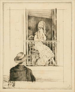 Edouard Chimot (French, B. 1880-1959) Etching on Paper, 'Carolina a La Fenetre', H 10.75" W 8.5": Edouard Chimot (French, B. 1880-1959) Etching on Paper, 'Carolina a La Fenetre', H 10.75" W 8.5" Frame Size: H 22" W 19.25" Signed and titled in the plate, lower center. Depicting a gentleman