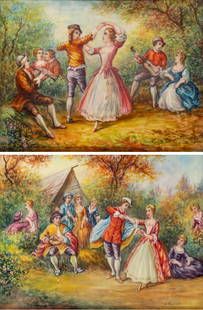 France Hand Painted Watercolor Scenes, After Watteau, H 3.5" L 4.2" 1 PAIR: France Hand Painted Watercolor Scenes, After Watteau, H 3.5" L 4.2" 1 PAIR Signed Canova. Multi figures dancing and paying music in garden. One with 10 figures, other with 7 figures. Gilt frames 7"