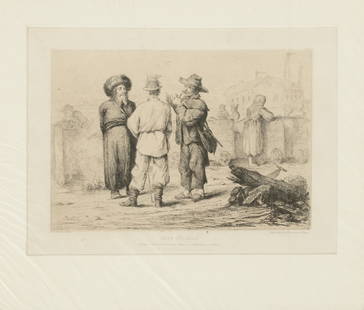 August Von Heyden (German, 1827-1897) Etching, Black on White 1863, 'Juifs Pelonais', Pencil Signed: August Von Heyden (German, 1827-1897) Etching, Black on White 1863, 'Juifs Pelonais', Pencil Signed H 7.5" W 10" A. Von Heyden. Printer: Delattre, Paris. "Juifs Polonais, paysans et mineurs se