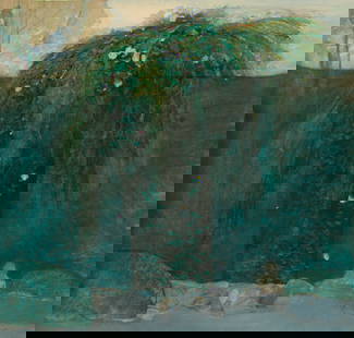 Robert Heindel (American, B. 1938-2005) Oil on Canvas Mural 'International Marathon', H 37" W 37": Robert Heindel (American, B. 1938-2005) Oil on Canvas Mural 'International Marathon', H 37" W 37" Depicting a runner under a forest canopy. Signed lower right. Titled on brown paper wrapping. 