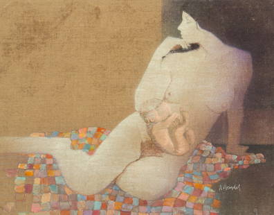 Robert Heindel (American, B. 1938-2005) Oil on Canvas Small Mural 'Mother And Child', H 16" W 20": Robert Heindel (American, B. 1938-2005) Oil on Canvas Small Mural 'Mother And Child', H 16" W 20" Depicting a mother and an infant on a patchwork quilt. Signed lower right. Provenance: The arti