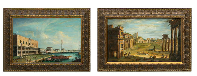 After Antonio Joli (Italian, B. 1700-1777) Two Oils on Canvas, Ca. 20th C., 'Camp Vaccino And the: After Antonio Joli (Italian, B. 1700-1777) Two Oils on Canvas, Ca. 20th C., 'Camp Vaccino And the Doge's Palace', 2 PCS Both unsigned. View of the Campo Vaccino in Rome as seen from the Temple of