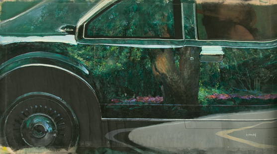 Robert Heindel (American, B. 1938-2005) Oil on Canvas Mural 'Reflections', H 30.5" W 51": Robert Heindel (American, B. 1938-2005) Oil on Canvas Mural 'Reflections', H 30.5" W 51" Depicting reflections off of an automobile's body. Signed lower right. Provenance: The artist gifted