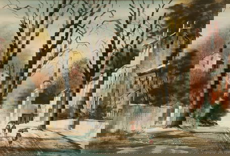 Edward Basker (American/South Bend, in, 1908-1972) 1970, 'South Bend Street Scene', H 13.5" W 20": Edward Basker (American/South Bend, in, 1908-1972) 1970, 'South Bend Street Scene', H 13.5" W 20" Frame Size: H 21" W 26" Signed lower right. Inscription verso.&nbsp; Provenance:  Property from a Roya
