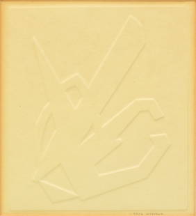 Carol Wieland (American, 20th C.) Embossed Cast Paper H 8" W 7": Carol Wieland (American, 20th C.) Embossed Cast Paper H 8" W 7" Pencil signed in the lower right. Embossed cast paper with an abstract design in low relief. Matted and framed under glass in a
