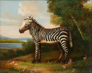 Signed Gleason, Oil on Canvas, 20th C., 'Standing Zebra', H 8" W 10" Frame Size: H 15.75" W 17.75": Signed Gleason, Oil on Canvas, 20th C., 'Standing Zebra', H 8" W 10" Frame Size: H 15.75" W 17.75" Signed in the lower right. Depicting a standing zebra in a lust river landscape. Having a giltwood