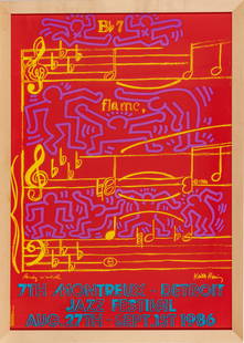 Keith Haring (American, 1958-1990) Andy Warhol (AMERICAN, 1928-1987) Screenprint in Colors Poster,: Keith Haring (American, 1958-1990) Andy Warhol (AMERICAN, 1928-1987) Screenprint in Colors Poster, 'Jazz Festival', H 39'' W 27'' Silkscreen in colors poster on wove paper for '7th Montreux-Detroit Ja