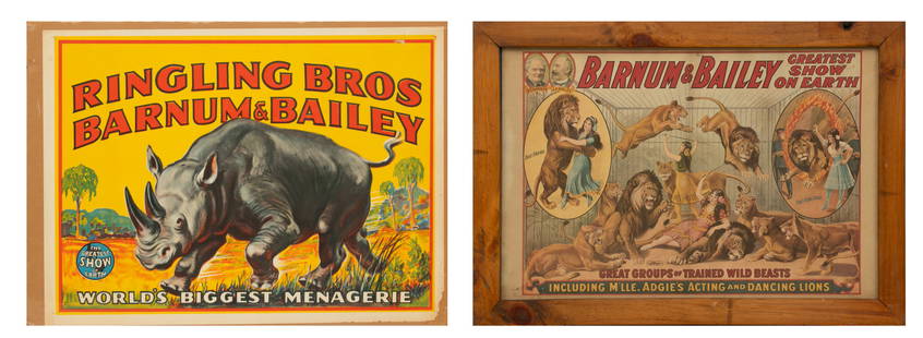 Ringling Bros, Barnum & Bailey Circus Posters, 2 PCS: Ringling Bros, Barnum & Bailey Circus Posters, 2 PCS Lot of two circus posters. One poster advertising the world's largest menagerie, feature the image of a rhinoceros. H 19.5" w 26.5". Unframed.