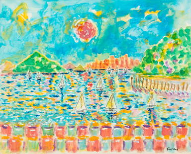 Wayne Ensrud (American, B. 1934) Acrylic And Tempera on Canvas 20th Century, 'View of San Francisco: Wayne Ensrud (American, B. 1934) Acrylic And Tempera on Canvas 20th Century, 'View of San Francisco from Sausalito', H 23.25" W 29.5" Frame Size: H 32" W 37.25" Depth 2" Signed by the artist lower rig