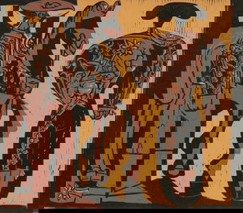 After Pablo Picasso (Spanish, B. 1881-1973) Linotcut in Colors on Wove Paper 'Picador Et Torero', H: After Pablo Picasso (Spanish, B. 1881-1973) Linotcut in Colors on Wove Paper 'Picador Et Torero', H 10.75" W 13" Frame Size: H 21.75" W 24" Depth 1" With Certificate of Authenticity from Global Fine A