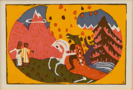 Wassily Kandinsky (Russian, 1866-1944) Woodcut in Colors on Paper 1911, 'Berge (Mountains)', H 5" W: Wassily Kandinsky (Russian, 1866-1944) Woodcut in Colors on Paper 1911, 'Berge (Mountains)', H 5" W 7.5" Frame Size: H 19.75" W 22" Depth 3" Created in 1911, this woodcut is from the edition of 1200 f