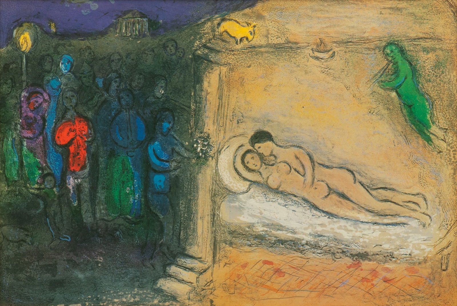 After Marc Chagall (French/Russian, 1887-1985) Offset Lithograph on Wove Paper 1977, 'Hymè: After Marc Chagall (French/Russian, 1887-1985) Offset Lithograph on Wove Paper 1977, 'Hymènèe (Hymen), from Daphnis Et Chloé (The Wedding Night)', H 12.5" W 18.5" Frame Size: H 22.75" W
