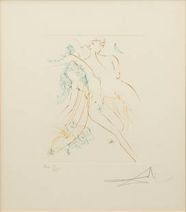 Salvador Dali (Spanish, 1904-1989) Drypoint Etching Printed in Colors on Lana Paper 1974, 'Sommeil: Salvador Dali (Spanish, 1904-1989) Drypoint Etching Printed in Colors on Lana Paper 1974, 'Sommeil Innocente, from Le Paradis Terrestre', H 17.5" W 15" Frame Size: H 31" W 29" Depth 3" Signed in penci