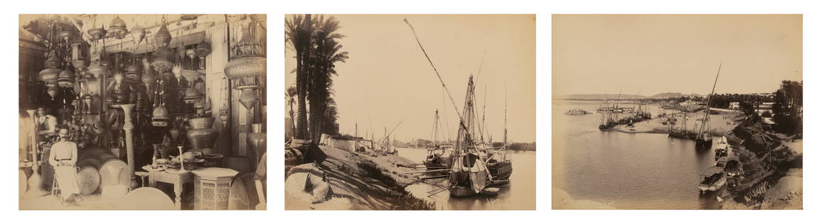Pascal Sébah (Turkish, 1823-1886) Albumen Prints, Views of Egypt, Late 19th C., H 8.75" W 11" 3: Pascal S&#233;bah (Turkish, 1823-1886) Albumen Prints, Views of Egypt, Late 19th C., H 8.75" W 11" 3 PCS Three albumen prints including: A view of an engraver's stall at the Khalili bazaar, Cairo. A v