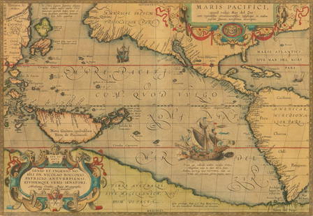 Antique Hand Colored Map, 'Maris Pacifici', H 13.5" W 19.5": Antique Hand Colored Map, 'Maris Pacifici', H 13.5" W 19.5" Hand colored map of the Pacific ocean with north and south America. Framed under glass, H 17.25", W 22.5".&nbsp; Dimensions: 1 PC x H 13.5"