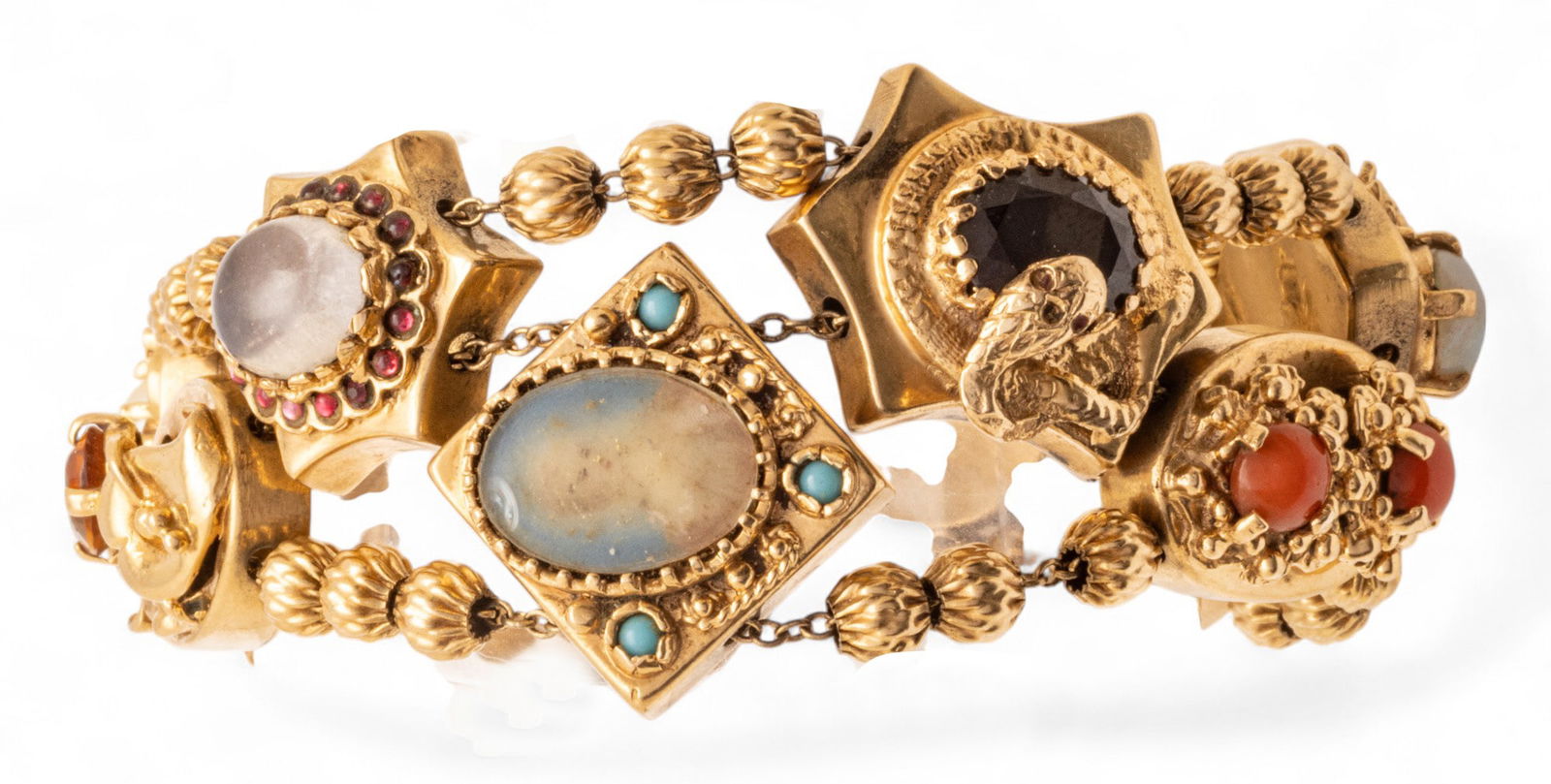 14k Yellow Gold Two-strand Charm Bracelet , 10 Charms 1900, 50.25cm L 6" 62 g (1 of 11)