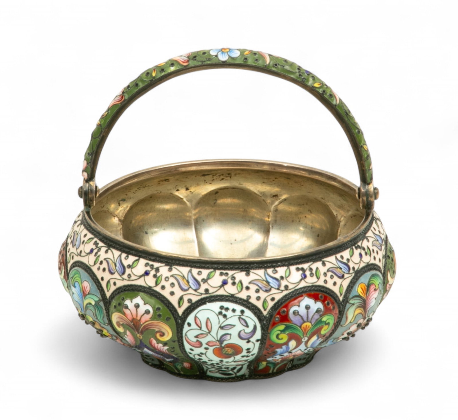 Russian Silver And Enamel Hinge Handled Sugar, Ca. 1900, H 4" Dia. 4": Russian Silver And Enamel Hinge Handled Sugar, Ca. 1900, H 4" Dia. 4" Hinge handled sugar intricately decorated with scrolling floral panels. Marked on the underside with a left facing 84 Kokoshnik, i
