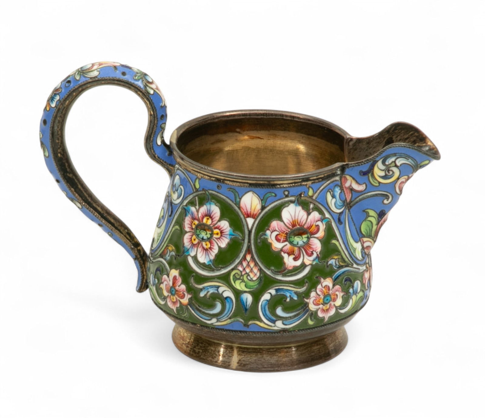 Russian Sterling Silver And Enamel Creamer, H 3.25" W 2.75" L 4.75" (1 of 5)