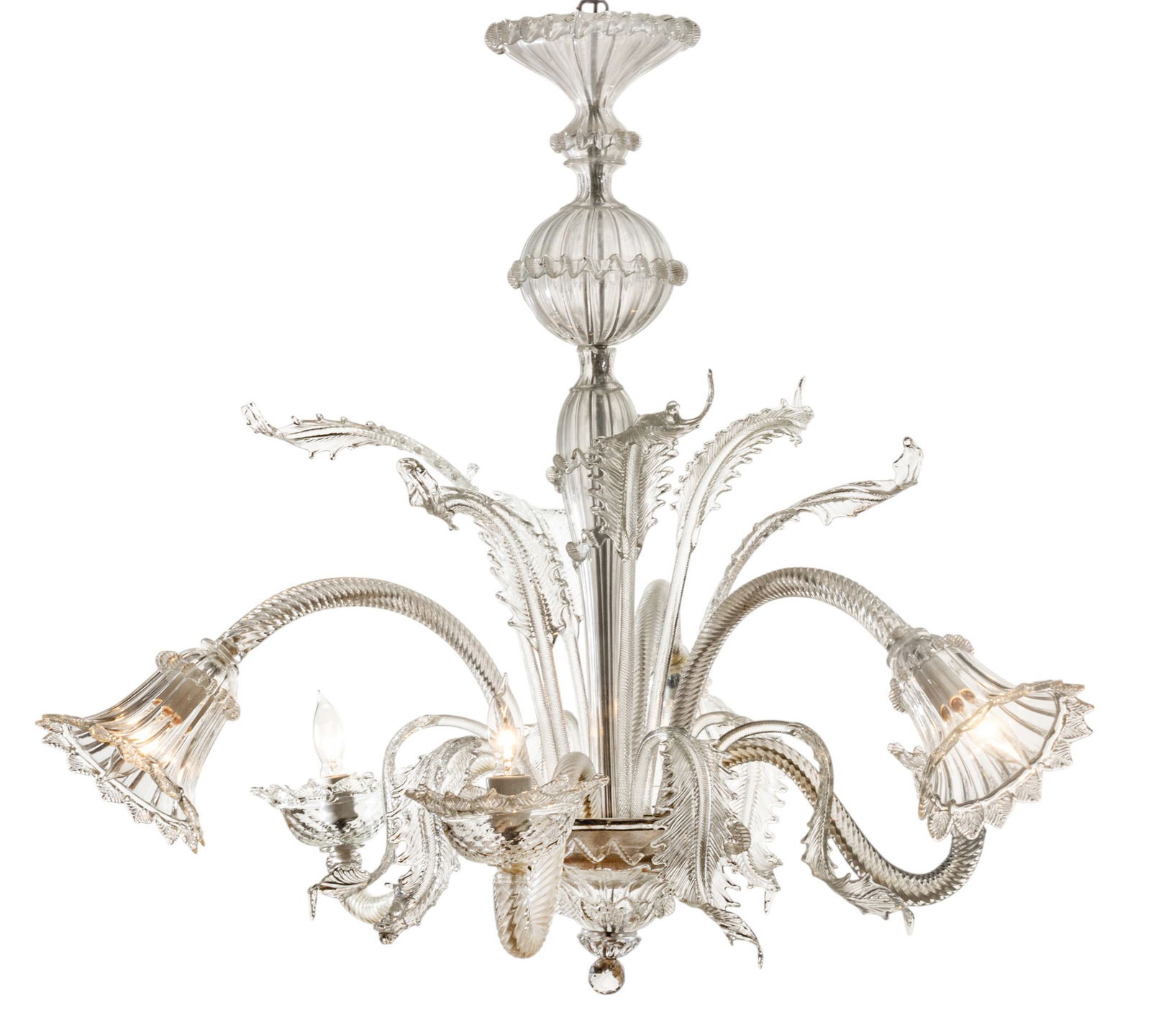 Murano (Italian) Hand Blown Clear Glass Six Light Chandelier, H 35" Dia. 37" (1 of 7)