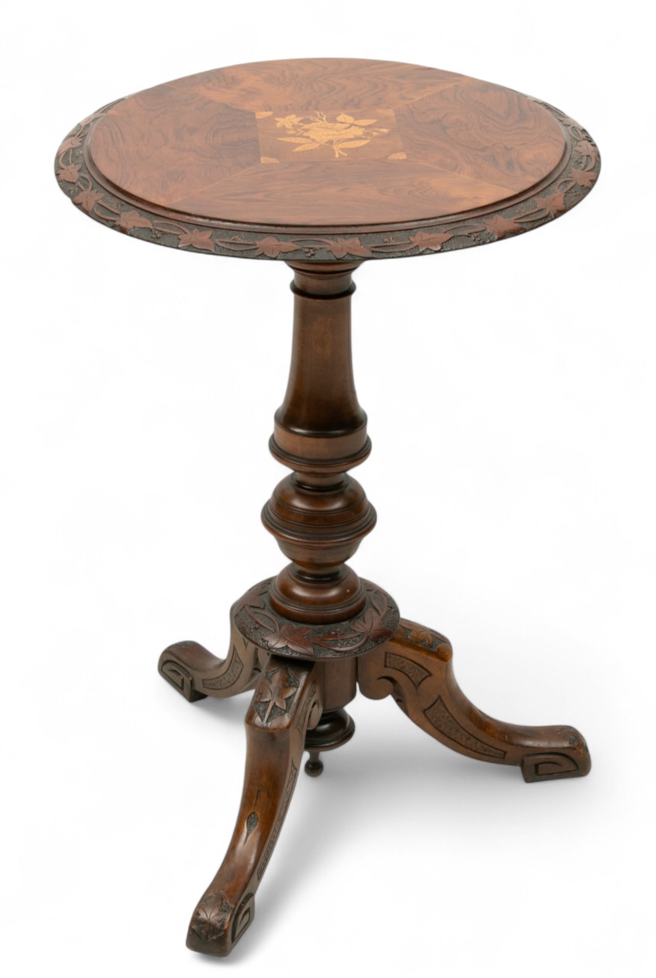 Rosewood Carved Small Round Pedestal Base Table 1980, H 27" Dia. 18" (1 of 4)