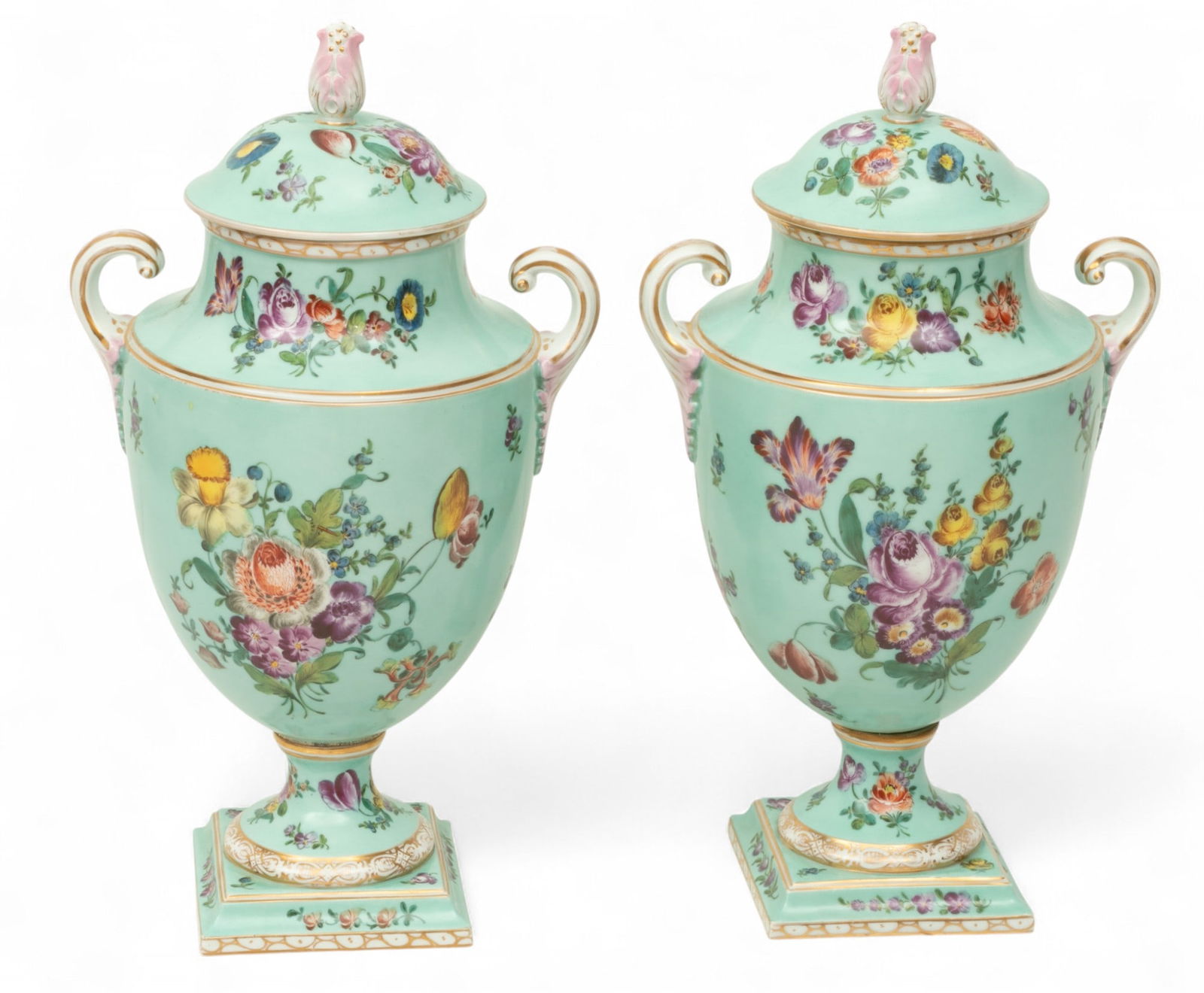 Helena Wolfsohn (German) Dresden Porcelain Urns with Covers 1879-1880, H 15" W 8.5" (1 of 6)