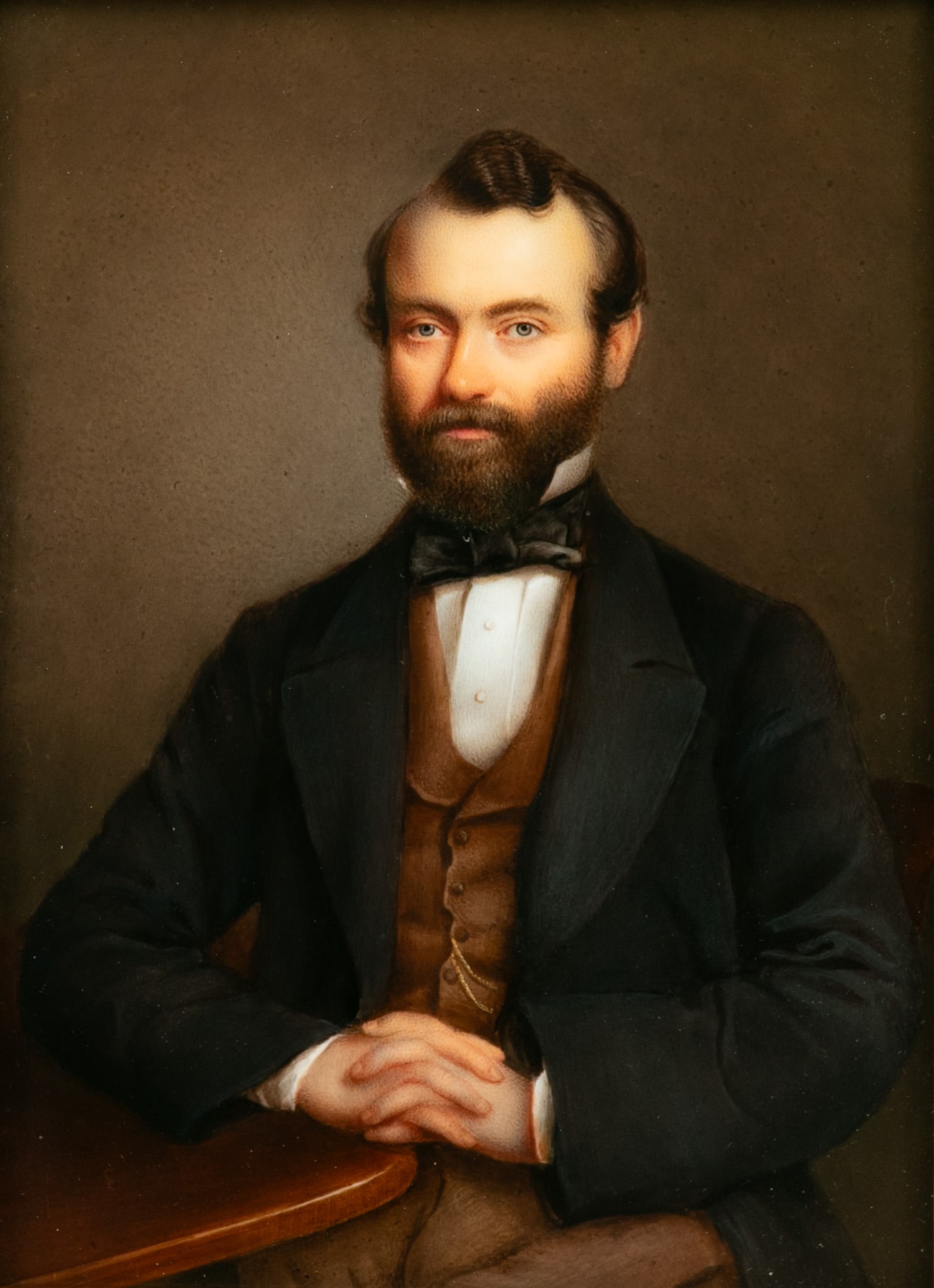 German Hand-painted Porcelain Plaque, Ca. 1830s, 'Gentleman Seated', H 7" W 5" Frame Size: H 10" W (1 of 3)