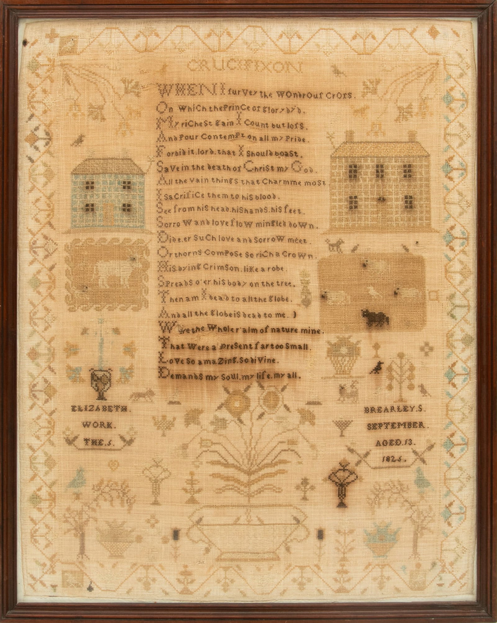 Elizabeth Brearley (American) Hand Stitched Sampler, Ca. 1825, H 26" W 20.25" Frame Size: H 28" W (1 of 3)