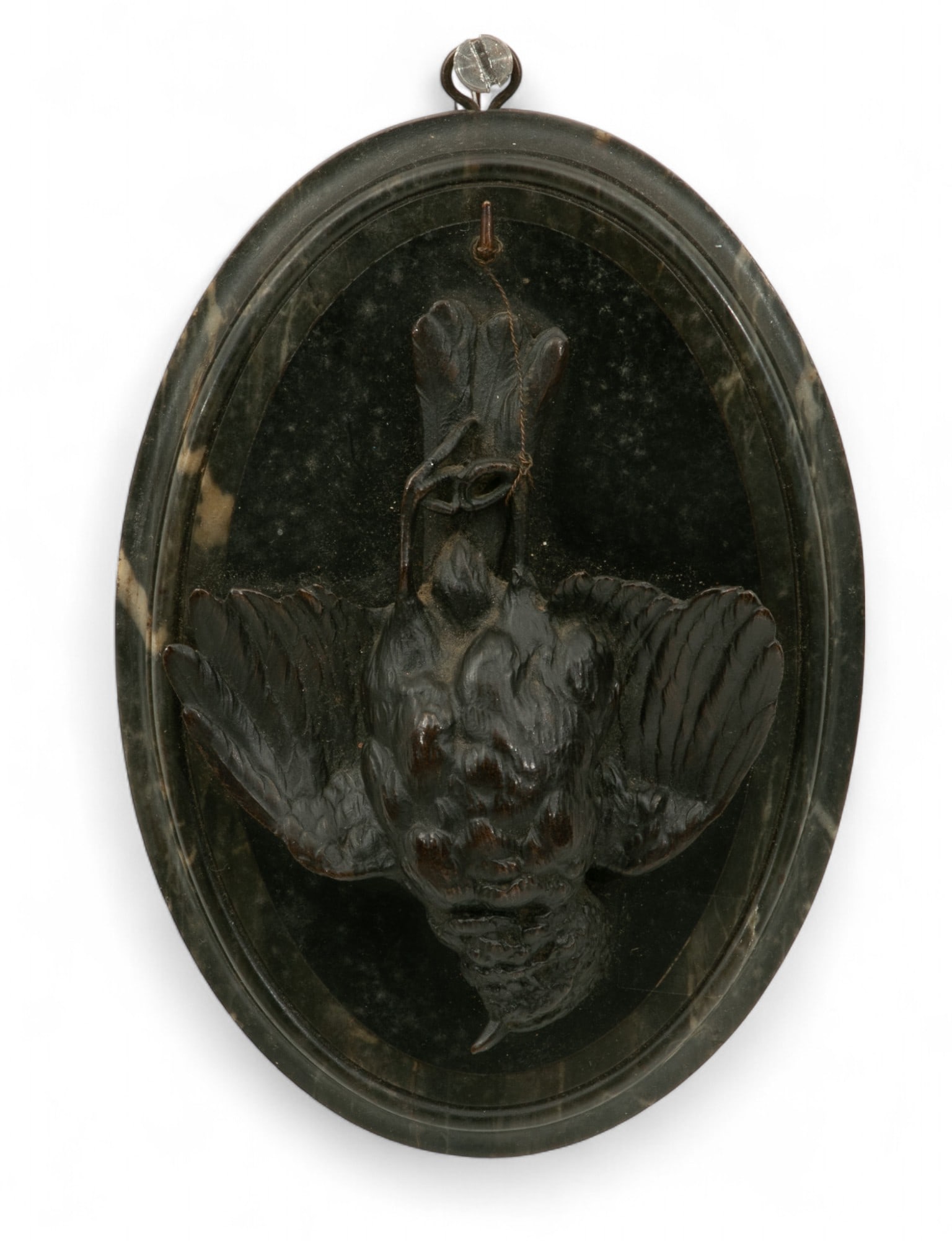 French Bronze Wall Medallion 1900, 'Game Bird Trophy', H 8" W 5.5": French Bronze Wall Medallion 1900, 'Game Bird Trophy', H 8" W 5.5" Oval. Unsigned. Renaissance brown patina. Provenance: Property from the Estate of Finn Bergishagen, Bloomfield Hills, MI. Dimen
