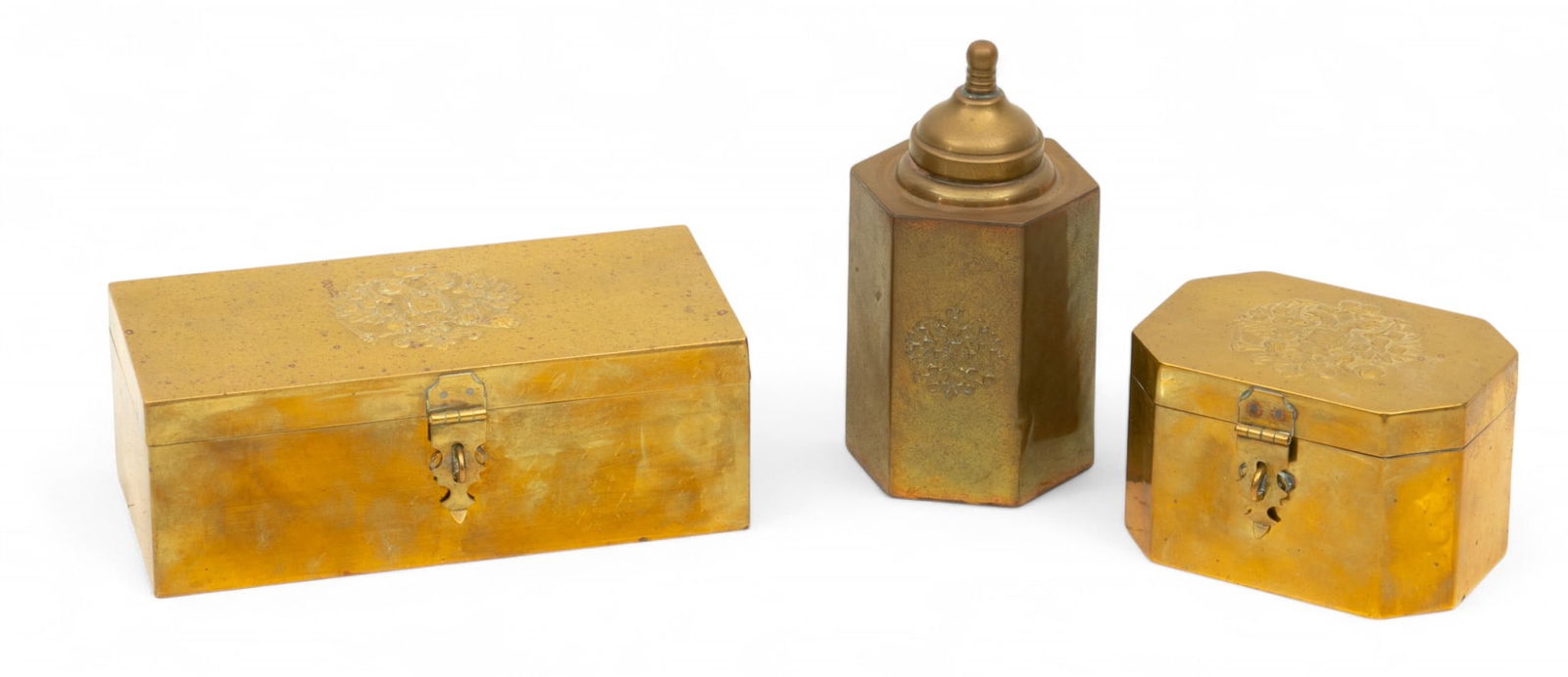 Imperial Russian Brass Tea Boxes And Canister, Ca. 1900, 3 PCS (1 of 6)