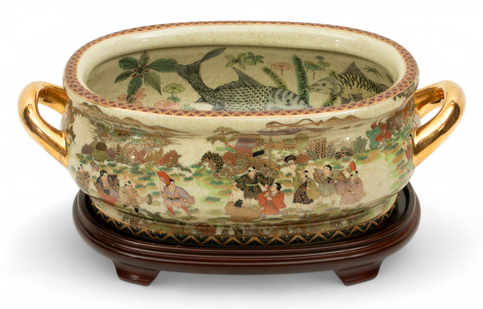 Chinese Satsuma Style Porcelain Planter/centerpiece Late 20th C., H 6" W 10" L 18" 2 PCS (1 of 6)